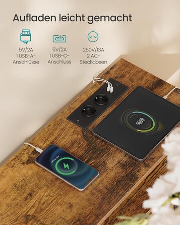 SONGMICS BELLAH: Комод з LED-підсвіткою, тумба з бездроговою зарядкою, 5 шухляд, індустріальний стиль, vintage brown + ink black