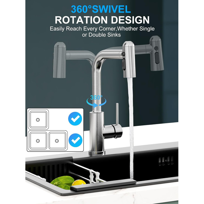 Змішувач для кухні, змішувач SREWOHS PRO Кухонний душ розширюється, кухонний змішувач високого тиску, змішувач для кухонної мийки з нержавіючої сталі на 360 обертається 4 функції розпилення, чорний (висота PRO 35,7 см, нікель-u)