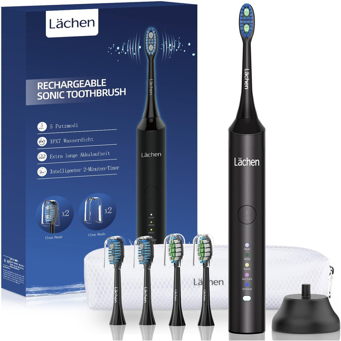 Електрична звукова зубна щітка Läschen з 5 режимами, кейс, 4 насадки, USB-зарядка, таймер, IPX7, чорна