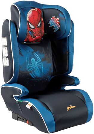 Автокрісло Marvel Spiderman з кріпленням ISOFIX для безпеки дитини зростом від 100 до 150 см з зображенням супергероя Людини-павука на синьому тлі