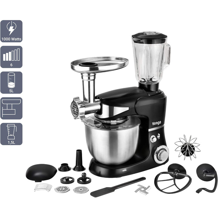 Кухонна машина Venga VG M 3014 з чашею 5 л з нержавіючої сталі, 1000 Вт, 4 насадки, рецепти, чорний колір
