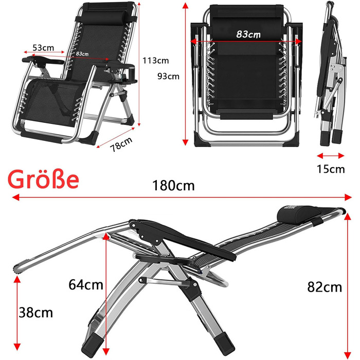 Розкладний шезлонг для саду та відпочинку на природі - 200 кг, срібний (83 см)