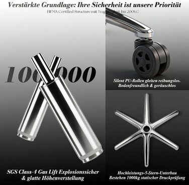 Офісний стілець Efomao XXL 200 кг з підставкою для ніг, штучна шкіра, висока спинка, регульовані підлокітники, підтримка попереку, сірий. Для дому та офісу