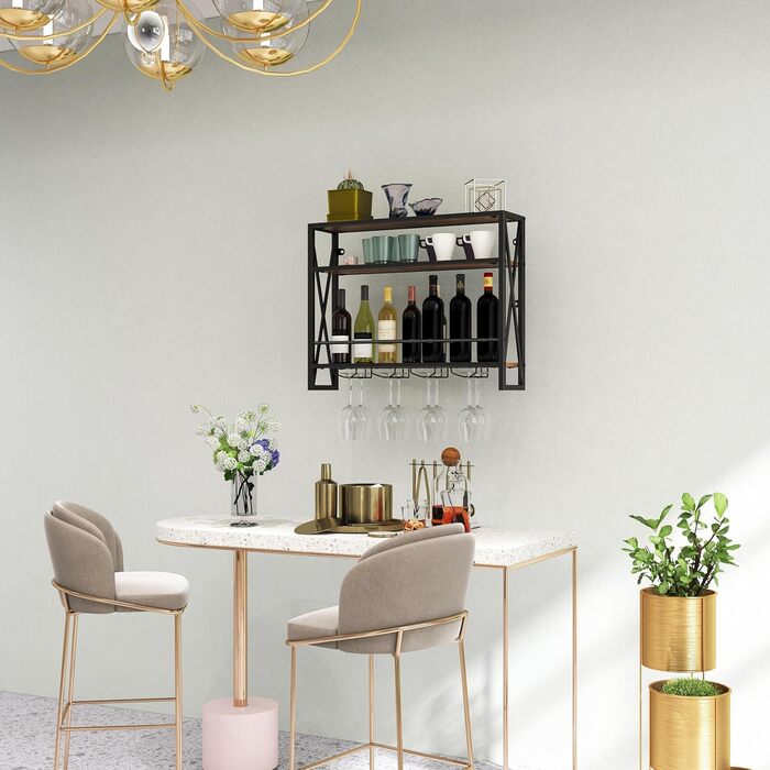 Стильна полиця для вина Komfotteu на стіну, дерев'яна з металевим каркасом, з тримачем для келихів, органайзер для пляшок, бар, кухня, вітальня (80 x 20 x 63 см)