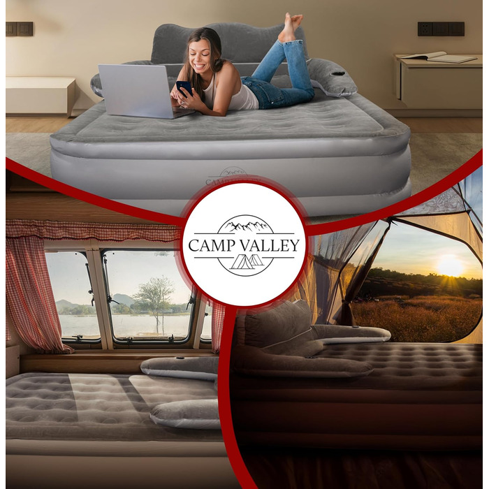 Надувне ліжко для гостей 200x150х40 см з підголовником, самонадувне, з вбудованим насосом, для кемпінгу