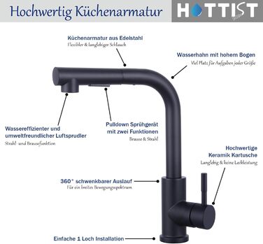 Змішувач для кухні 2 режими, змішувач HOTTIST розсувний змішувач з нержавіючої сталі 304, поворотний на 360 (чорний)