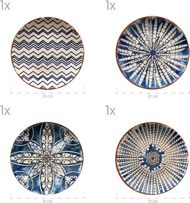 Обідній сервіз із 12 предметів на 4 персони в мавританському стилі, набір тарілок із різноманітними вінтажними візерунками в білому та синьому кольорах, керамограніт 934017 Iberico Blue