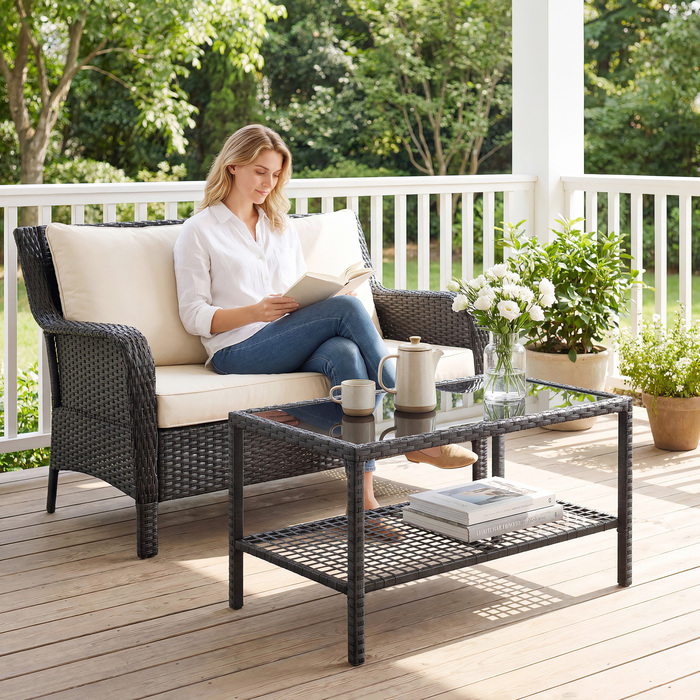 Зустрічний столик з ротангу, двоярусний вуличний столик з полицею, скляною стільницею з загартованого скла та сталевим каркасом, чорного кольору