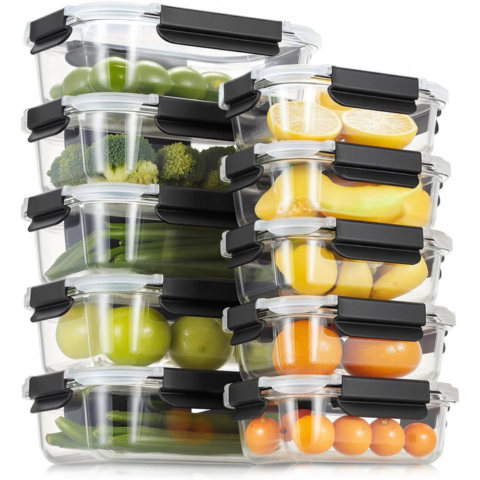 Набір контейнерів для зберігання продуктів FE1537-чорний (20 шт.): контейнери + кришки, миюча посуду, для мікрохвильовки та морозильника, герметичні