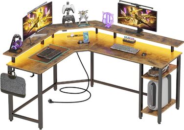 Комп'ютерний стіл Rolanstar L-подібний з RGB підсвічуванням та розетками, геймінговий стіл з полицею та 2 гачками, для офісу, робочого кабінету, спальні (117см) (Вінтажний коричневий, 137 x 77 x 87 см)