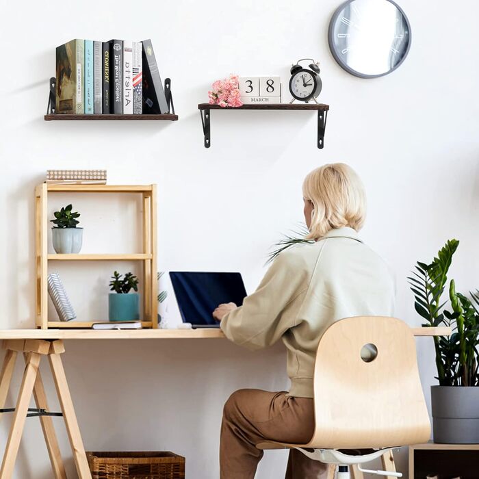 Настінна полиця з дерева Uten, рустикальна підвісна полиця з тримачем для рушників, 2 шт, темно-коричнева — для ванної, кухні, вітальні та спальні