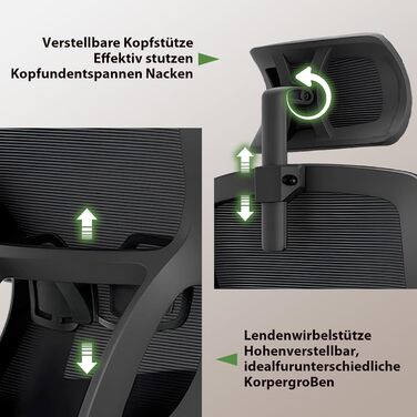 Ергономічне крісло для офісу, регульоване по висоті, поворотне з підтримкою попереку та підголівником, функція відкидання 90°-130°, максимальне навантаження 150 кг, чорний колір, X-Large