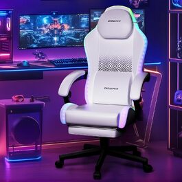 Ігровий крісло Dowinx з RGB підсвічуванням, LED, з підніжкою, для дорослих, ергономічний, з масажем попереку, з PU шкіри, білий