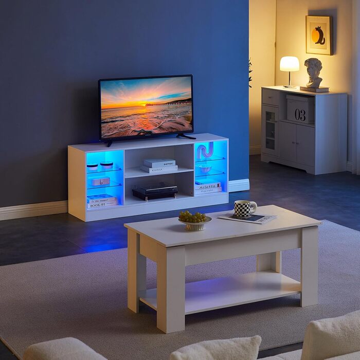 Тумба під телевізор CLIPOP Hochglanz Weiß з LED-підсвіткою, 130x34x57 см - ТВ тумба з скляною полицею для вітальні