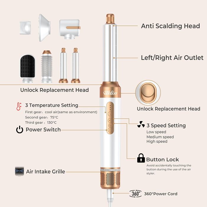 Мультистайлер для волосся 7 в 1 UKLISS Hairstyler Pro: фен, автоматична плойка, круглий брашинг та випрямляч для волосся, білий