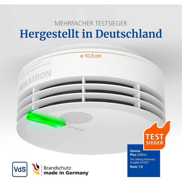 Датчик диму Hekatron Genius Plus з батареєю на 10 років – Тест-переможець Stiftung Warentest – Зроблено в Німеччині – з клейкою підкладкою – з підтримкою додатку – 1 шт.