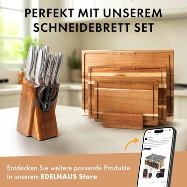 Набір кухонних ножів Edelhaus 9 предметів з підставкою та точилкою, професійний, з нержавіючої сталі X50CRMOV15, з дерев'яною підставкою з акації