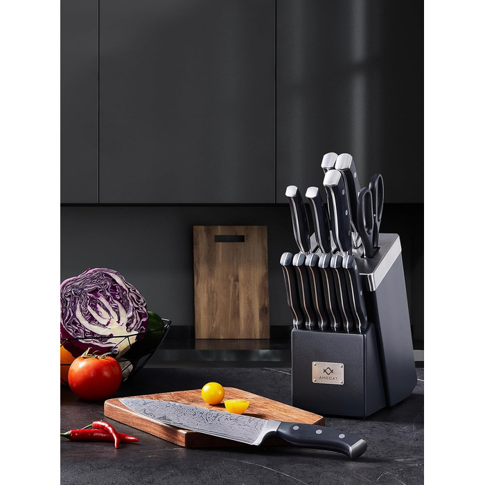 Набір ножів Amegat 14 предметів: кухонний набір з самозаточуванням, нержавіюча сталь, з ергономічними ручками
