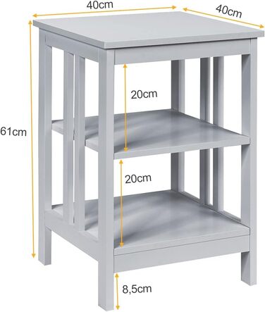 Приліжкова тумбочка LIFEZEAL 3 яруси, квадратна тумбочка з відкритою полицею, маленький журнальний столик для вітальні спальні, 45 x 40 x 62 см (сірий)