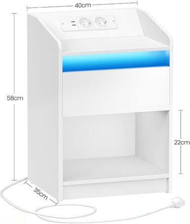 Приліжкова тумбочка Hzuaneri зі світлодіодом, зарядна станція, ящик, 2 USB, 2 розетки, білий, NS09104X
