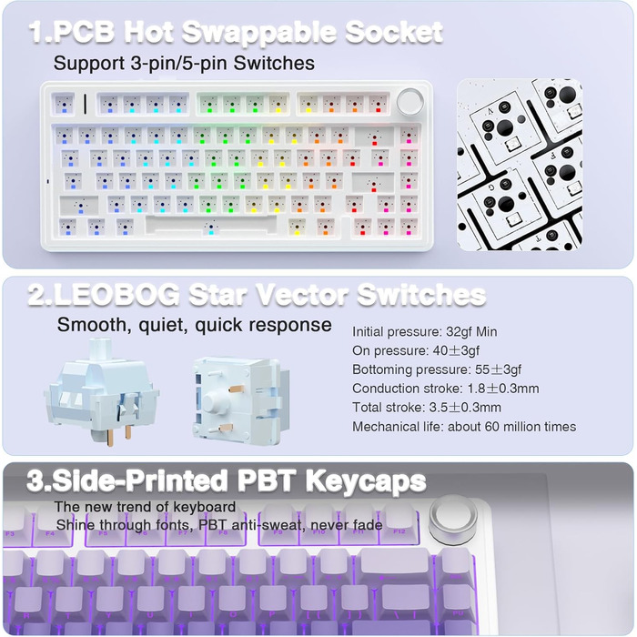 Механічна клавіатура AULA F75 PRO для геймінгу: 2.4GHz/Type-C/BT5.0, Hot-Swap, бездротова, 75%, QWERTY (сіра/фіолетова з градієнтом)