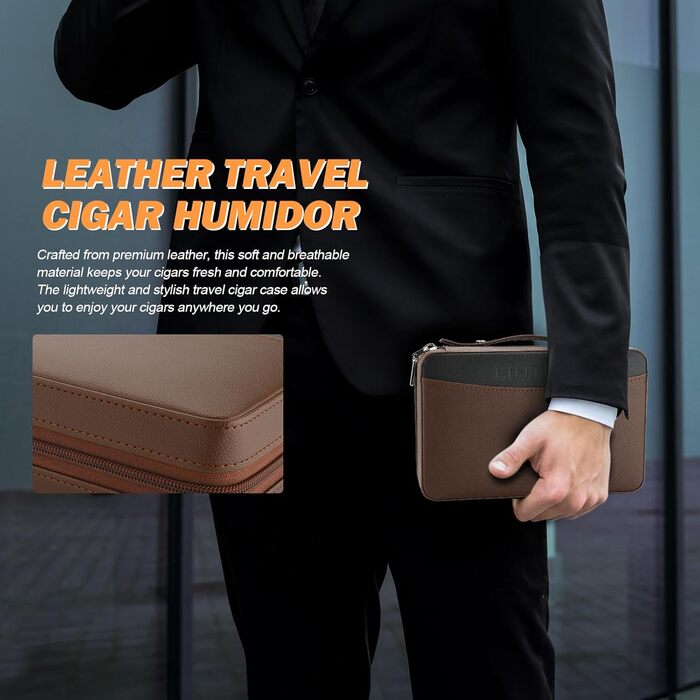 Умидник для сигар з натуральної шкіри, 5-в-1 комплект з запальничкою та вологоміром, коричневий