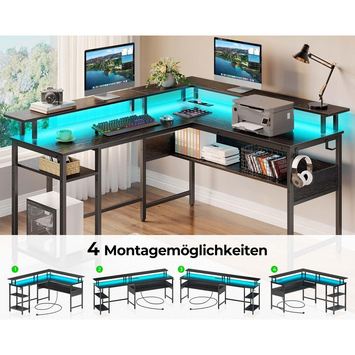 Роланстар Стіл ігровий L-подібний з LED та розеткою, 137 x 108 см, комп'ютерний стіл з підставкою для монітора та місцем для зберігання, реверсивний кутовий стіл для офісу, домашнього офісу (Білий) (Чорний)