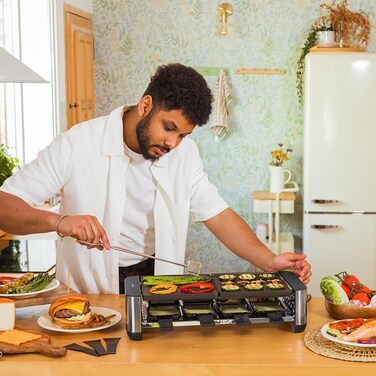 Електричний гриль-рашетниця Cecotec Raclette Cheese&Grill 16000 Inox Black для 8 осіб, 1400 Вт, з регулюванням температури та антипригарним покриттям, 40 x 22 см, 8 сковородок та 8 лопаток