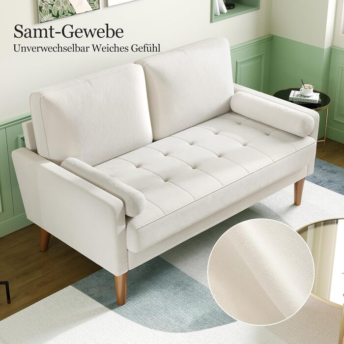 Диван Vesgantti 2-місний, 121 см, сучасний, з 2 подушками, білий, для вітальні/квартири/офісу