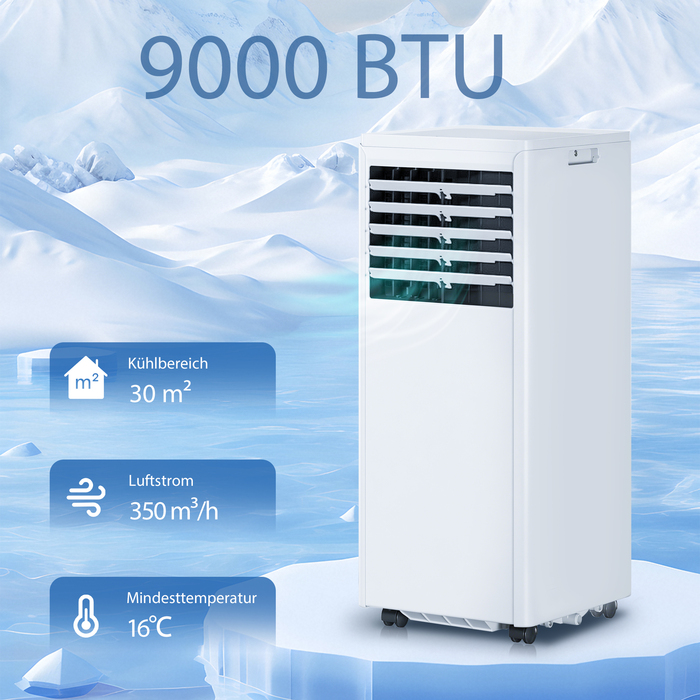 Мобільний кондиціонер 9000 BTU, 4-в-1: охолодження, осушення, вентиляція, нічний режим
