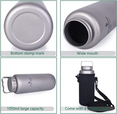 Фляга для води iBasingo 1050 мл, титанова, спортивна, для туризму та кемпінгу, з широким горлом, без витоку, Ti3005D/Ti3006d