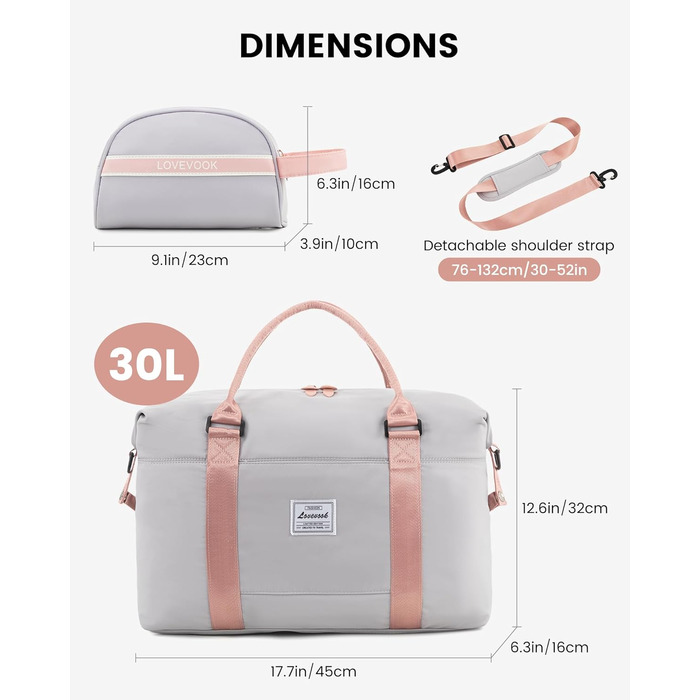 Спортивна сумка LOVEVOOK для жінок: дорожня, для плавання, фітнесу, клініки. 30L, водонепроникна, сіра + рожевий ремінець