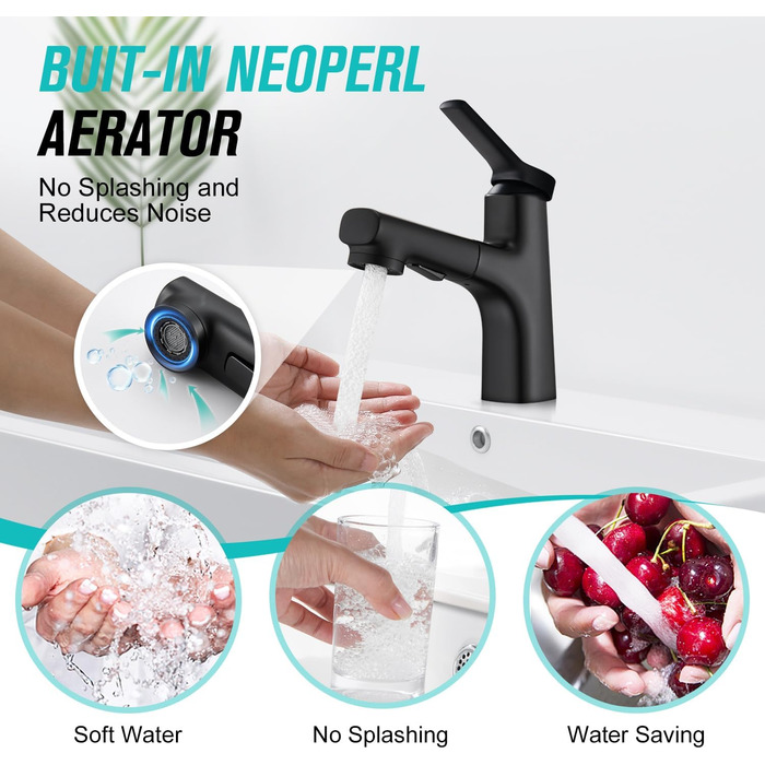 Сучасний змішувач для ванної кімнати CREA з висувною лійкою, 2 режими струменя, одноlever, з міді з хромовим покриттям (чорний)