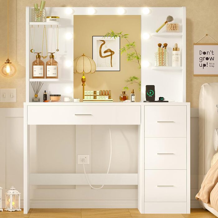 Трюмо TEENFON з дзеркалом та підсвічуванням, біле. 4 шухляди, 4 відкриті полиці, 5 гачків для прикрас.