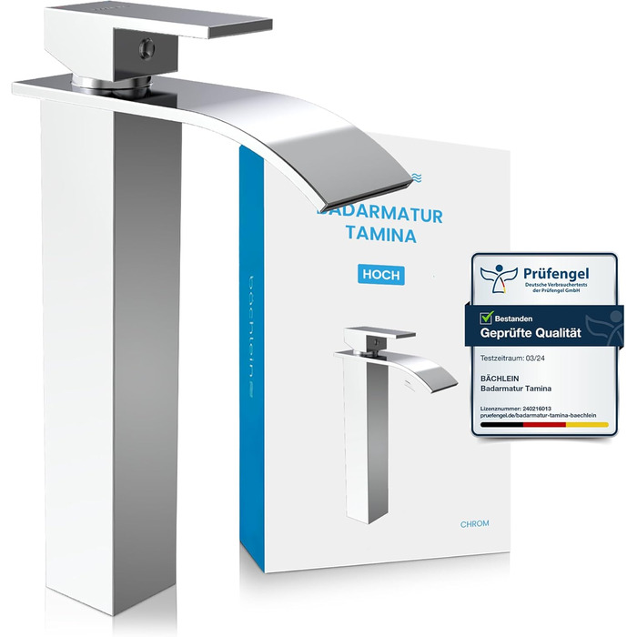 Змішувач для ванної кімнати Bächlein Tamina з водоспадом, однорідний, з довговічною керамічною картридж, комплект для монтажу, хром (висока якість)