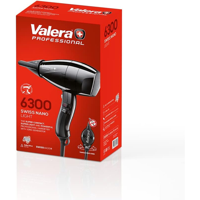 Професійний іонний фен Valera Swiss Nano 6300 Light, зручний легкий і компактний, для швидкого сушіння, очищення повітря Sanify, 2000 Вт, колір чорний