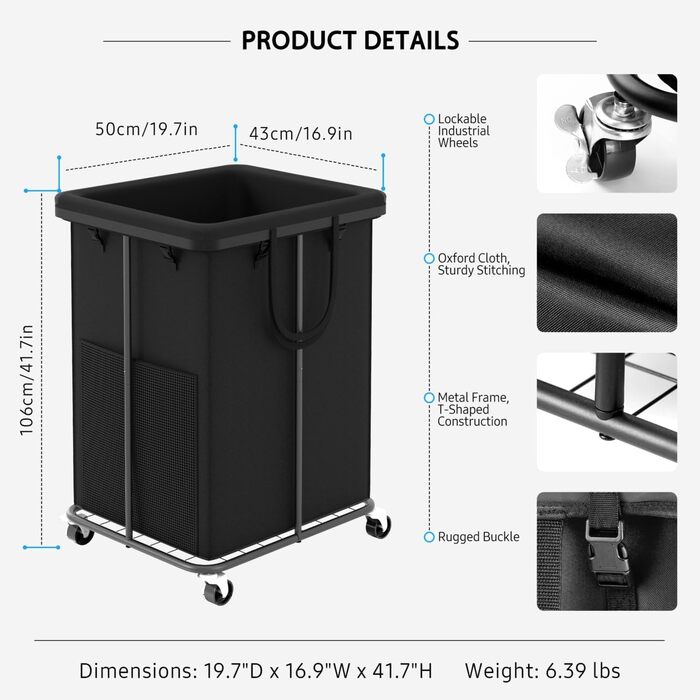 Великий кошик для білизни YKDIRECT, металевий каркас, знімні кишені, колеса, 150л, чорний, для спальні, ванної кімнати