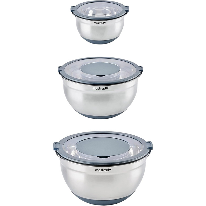 Набір міксерів Mastrad з нержавіючої сталі (3 шт.): 1,5L / 3L / 5L - салатниці з прозорим кришкою та ручками, для змішування, випічки, приготування та зберігання продуктів, придатні для миття в посудомийній машині