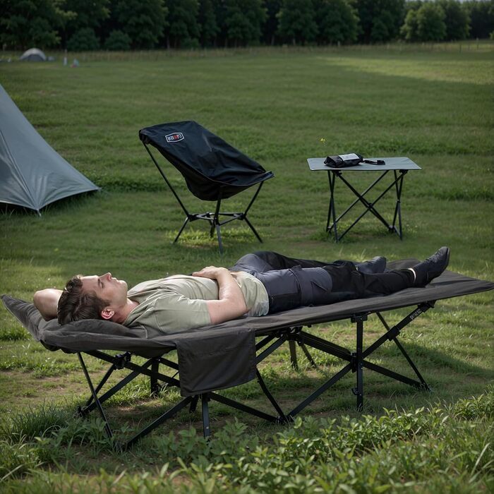 Розкладне польове ліжко OVERMONT з матрацом для кемпінгу та відпочинку, 190x70x40 см, витримує до 250 кг, тканина Оксфорд, з кишенею та сумкою для транспортування (Сірий)