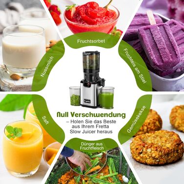 Фреш-прес Fretta Slow Juicer: повільний соковитискач з нержавіючої сталі, 135 мм, 1.8 л, з функцією реверсу, BPA Free, 250W сірий