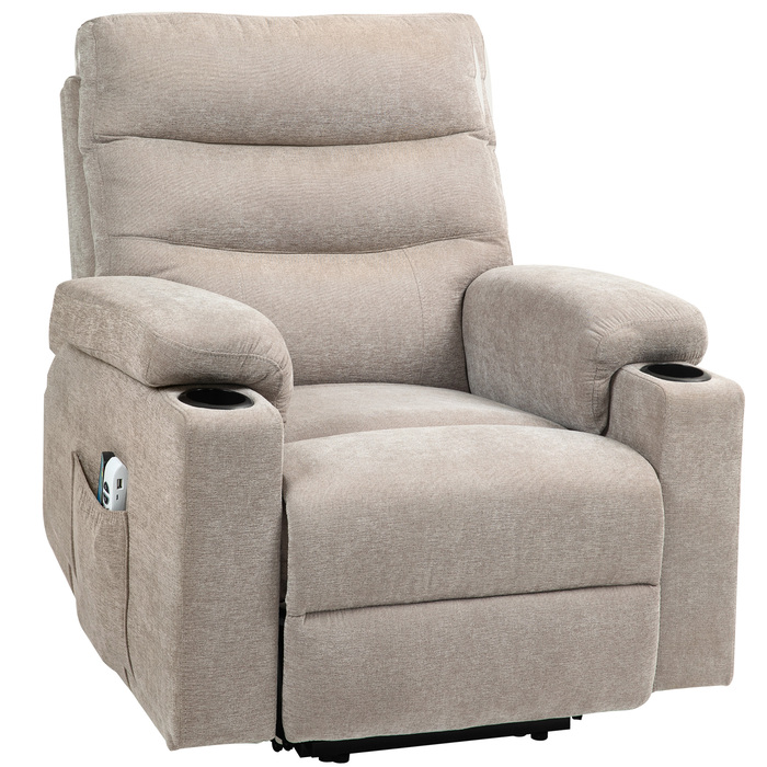 HOMCOM Recliner Електричний телевізор Реклайнер з допоміжним засобом для сидіння та стоянки, вібраційний масаж, функція відкидання, масажне крісло з підніжкою, 2 двигуни, поперекове тепло, таймер, бічна кишеня, тримач для чашки світло-коричневий | Аосом
