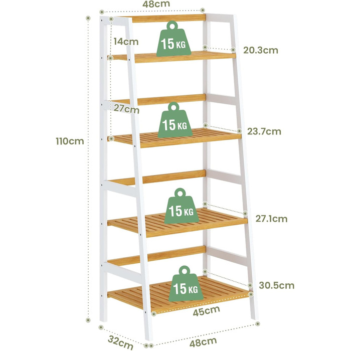 Багатофункціональна бамбукова полиця VIAGDO з 4 ярусами для ванної кімнати, книг, взуття, рослин, балкону, квітів. Білий колір
