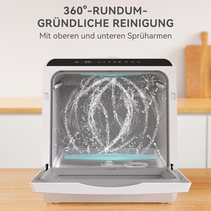 Компактна посудомийна машина Hermitlux Mini на 5 комплектів посуду (5л бак), портативна посудомийна машина з 6 програмами та 360° розпилювачами | З функцією сушіння гарячим повітрям | Клас енергоефективності D | Без встановлення, скляні дверцята