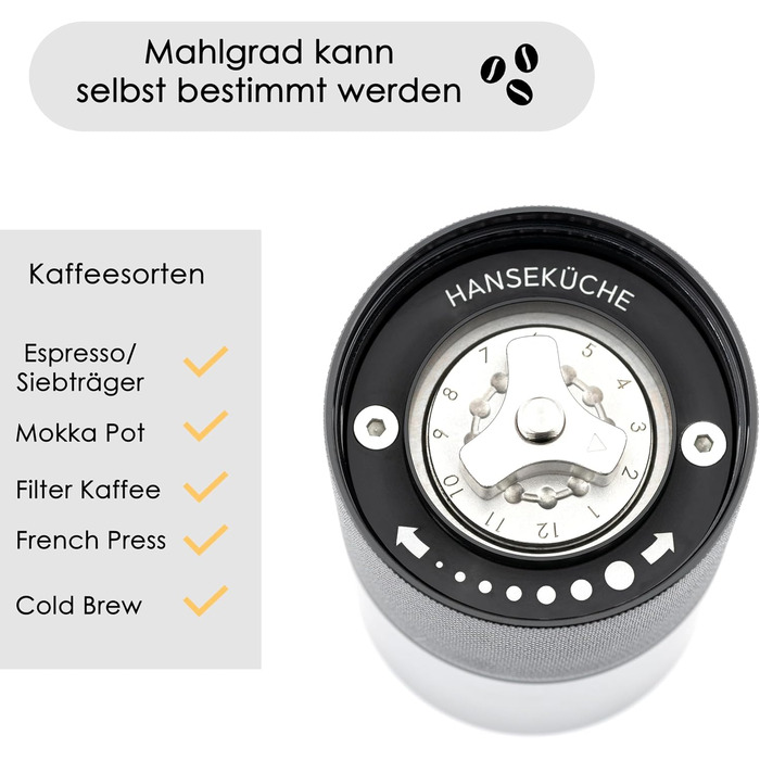 Кавомолка ручна з прецизійним шліфувальним механізмом з нержавіючої сталі та дерев'яним руків'ям - конічний жорно для еспресо, кавомолка для еспресо, нержавіюча сталь (чорний)