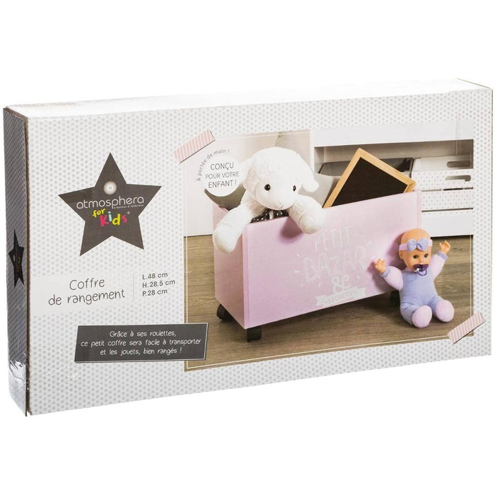 Іграшкова скриня з коліщатками - - Atmosphera crateur d'intrieur (L. 48 x l. 30 x H. 28 см, рожева)