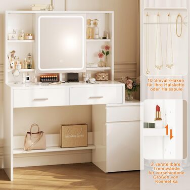 Дзеркальний туалетний столик JUMMICO з LED-підсвічуванням (3 режими яскравості, 3 колірні температури), великий комод з 6 відділеннями, 2 ящиками, бічною шафкою та полицею, 117x40x140 см, білий