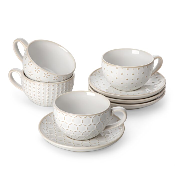 Набір посуду MALACASA LYDIA для 4 осіб (16 предметів) з кераміки з рельєфом, бежевий (4 чашки 180 мл)