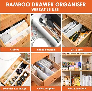 Органайзери для шухляд MUUKAIII (6 шт.) - бамбукові роздільники для шухляд, 43-56 см, 6 см висота, для кухні та шафи - білий