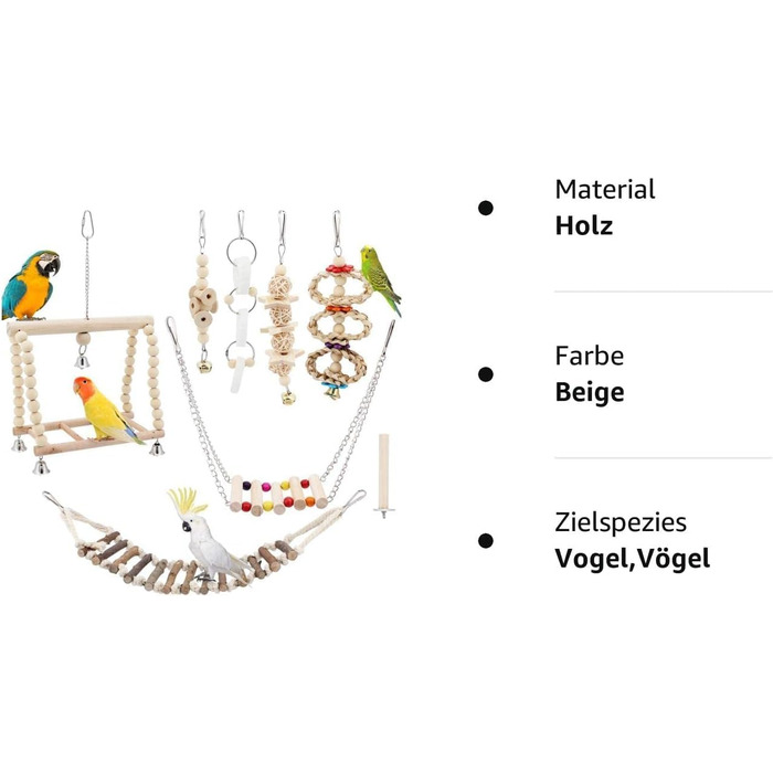 Дерев'яна іграшка для папуг TAECOOOL, 8 деталей, натуральне дерево, підвісний дзвіночок, іграшка-гойдалка для пташиної клітки, для какаду, зябликів, маленьких папуг, хвилястих папуг.