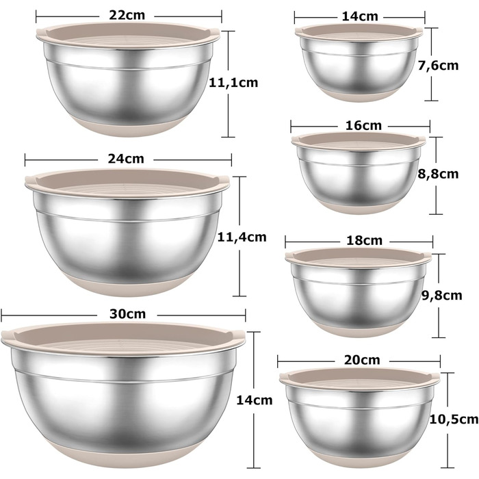Набір місок TEAMFAR з нержавіючої сталі: салатові міски з кришкою та силіконовим дном, 0.7-6.5 л, (Хакі, 2)